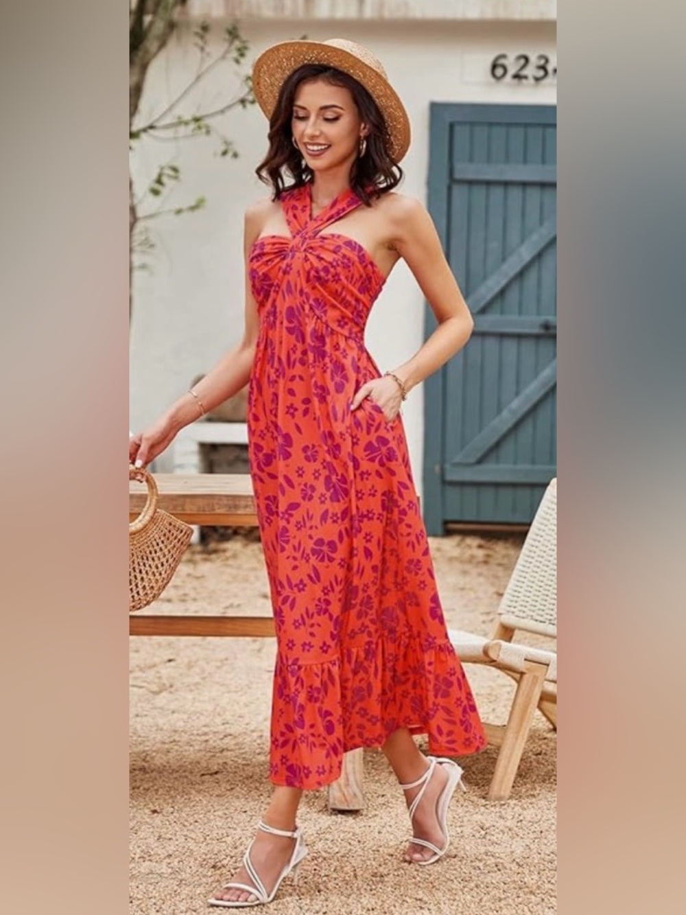 Grace Karin Orange Maxi Dress with Pink Floral Motif